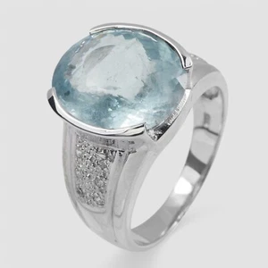 Gentle Blue Aquamarine Oval 6.92Ct 925 Sterling Silver White Gold Plated Rings - Picture 1 of 8