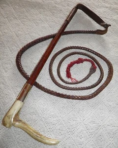 Antiguo látigo de caza para caballeros cuello plateado asta marrón varilla de cuero trenzado - Imagen 1 de 12