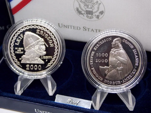 2000 "P" Commemorative *LEIF ERICSON* Proof SILVER (2 Coin) Set Box & COA ECC&C Cover