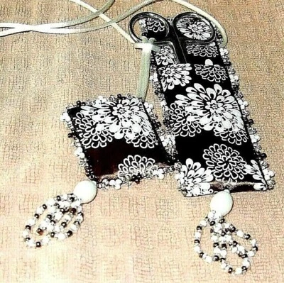 White Flower On Brown Beaded Ribbon Scissor Case & Pincushion W/ Scissor - NEW - Image 1 of 3