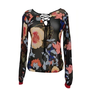 Willow & Root Blouse Womens Size XS Black Sheer Floral Ruched Lace Up Bohemian - Picture 1 of 7