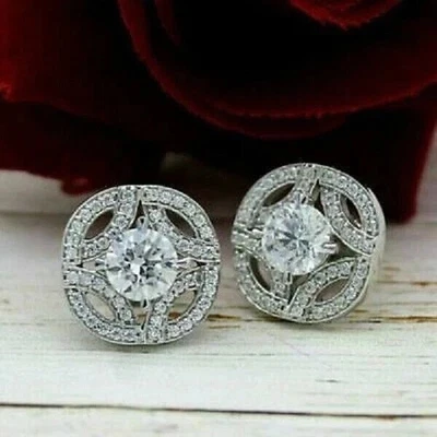 2Ct Lab Created Round Cut Diamond Cluster Women's Earrings 14K White Gold Plated - Image 1 of 3