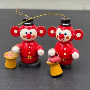 Vintage Holz Zirkus Maus Clown Affe Weihnachtsschmuck Paar 2er Set - Bild 1 von 11