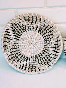 BOHEMIAN BASKET DECOR SET OF 2 DECORATIVE WOVEN HANDMADE FLAT BASKETS - Picture 1 of 6