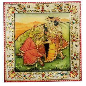Decorative Tray 6 X 6" Marble Stone Handmade Radha Krishna painting Home decor - Picture 1 of 4
