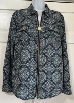 Michael Kors Blue Patterned MK Logo Zip Up Blouse Shirt Long Sleeves Snap Medium - Image 1 of 4
