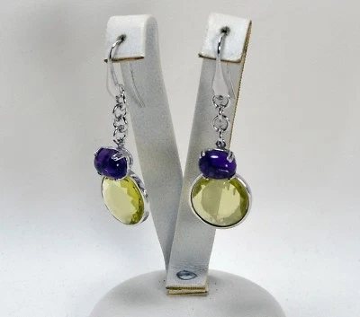 ORECCHINI IN ARGENTO 925 PENDENTI CON QUARZO LEMON E AMETISTA AGHT 0519 - Immagine 1 di 3
