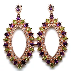 925 Sterling Silver Purple Amethyst, Peridot & Zircon Earrings Rose Gold Coated - Picture 1 of 4