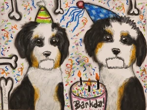 BERNEDOODLE Geburtstagsparty 13 x 19 Barkday Hund Kunstdruck signiert vom Künstler KSams - Bild 1 von 2