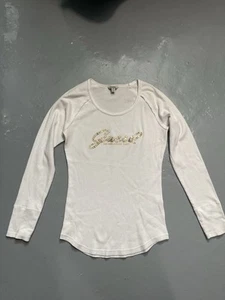 GUESS Womens Rhinestone Logo Pullover Sweater, White Sz L - Picture 1 of 6