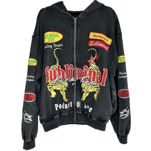 PacSun Sublimal Racing Team Zip Hoodie Med Y2k Embroidered Patches Grunge NWOT - Picture 1 of 13