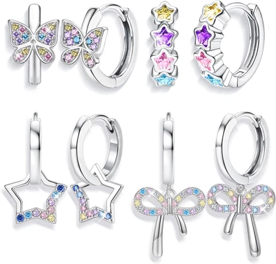 4 Pairs Hypoallergenic Huggie Hoop Earrings for Girls Women Silver Small Dangle  - Image 1 of 4