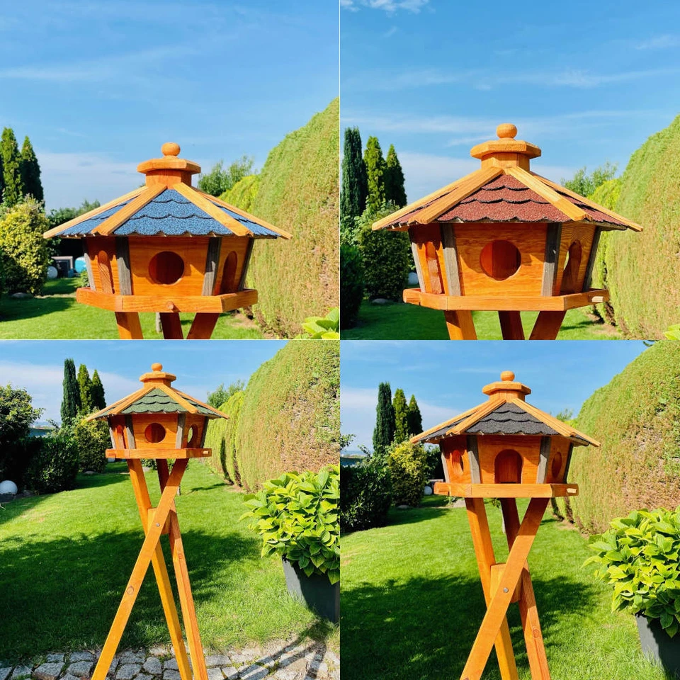 DARLUX Vogel Futter Haus L Sechseck Holz Vogelhaus Braun/ Rot,Blau,Grün,Schwarz - Bild 1 von 1