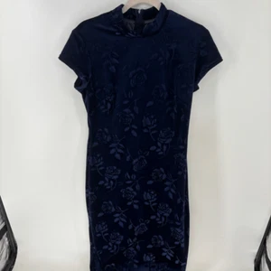 Vintage Blue notched Mock Neck Sheath cap sleeve Midi Dress velvet rose pattern - Picture 1 of 9