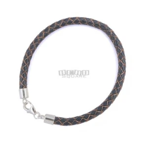7.5" Sterling Silver 5mm Round Braided Black / Brown Genuine Leather Cord Bangle - Picture 1 of 1