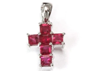0.8 ctw Natural Red Princess Ruby Solid 14k White Gold Tiny Cross Pendant 18 MM - Picture 1 of 7