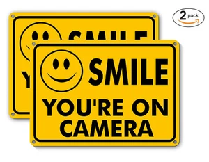 2 SMILE YOU'RE ON CAMERA Yellow Business Security Sign CCTV Video Surveillance - Picture 1 of 8