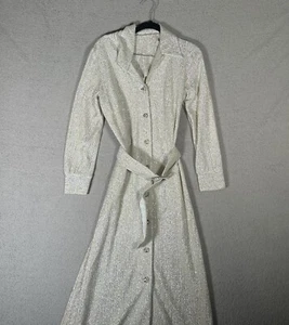 Vintage Maxi Dress Size 10 Glittery Silver Belted Long Sleeves Full Button Fairy - Picture 1 of 16