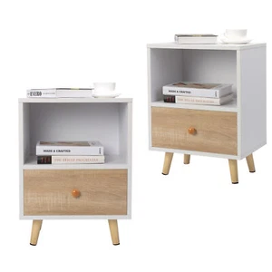 JAXSUNNY Living Room Bedside Table Nightstand Set of 2 End Table Shelf Drawer - Picture 1 of 12
