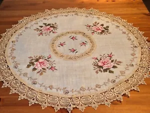 Premium 85cm ROUND Cross-Stitch Style RoseFloral Small Tablecloth - Picture 1 of 4