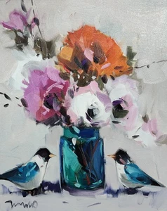 JOSE TRUJILLO Oil Painting IMPRESSIONISM Collectible ORIGINAL Still Life Birds - Picture 1 of 6