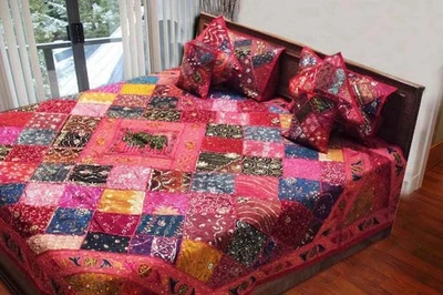 7 PIEZAS ROJO IMPRESIONANTE LENTEJUELAS SARI EDREDÓN EDREDÓN COLCHA CUBRECAMA MANTA Foto 1 de 4