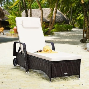 Cushioned Outdoor Wicker Chaise Lounge Chair w/ Wheel Adjustable Backrest - Picture 1 of 10