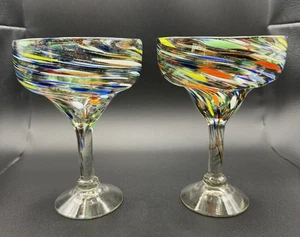 Margarita Glasses Hand Blown Glass Confetti Swirl Set Of (2) 6.75” Tall - Picture 1 of 7