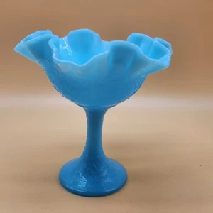 Vintage Opalescent Glass Compote Pedestal Bowl 7" Ruffled Edge Floral Design - Picture 1 of 6