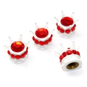 4 White Crown Red Bling Diamond Tire/Wheel Stem Valve Caps car truck hot rod - Picture 1 of 2