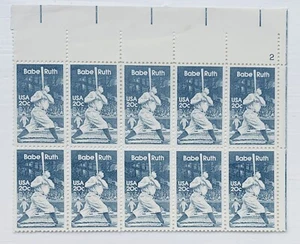 Plate Block of Ten 10 1983 Babe Ruth 20c USA Stamps Mint NH Baseball Scott #2046 - Picture 1 of 4