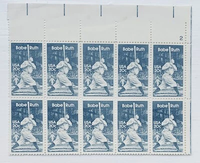 Plate Block of Ten 10 1983 Babe Ruth 20c USA Stamps Mint NH Baseball Scott #2046 - Image 1 of 4