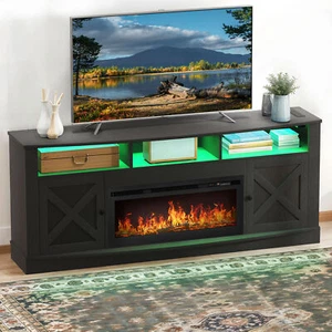 Black TV Stand With Open Shelves LED Power Outlets for 50 to 80 inch TVs Console - Picture 1 of 10