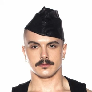 GENUINE LEATHER TRIANGLE BLACK CAP MILITARY LEATHER ARMY HAT BDSM GAY FETISH - Picture 1 of 4