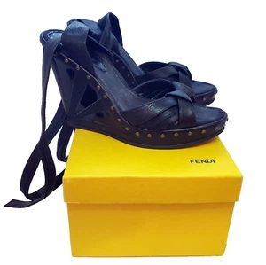 Auténticas Sandalias Fendi Plataforma Cuña Cuero Negro - Talla 37 - Imagen 1 de 7