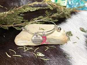 Pink Ribbon Bangle Breast Cancer Awareness Charm Expandable Bangle Bracelet - Picture 1 of 5