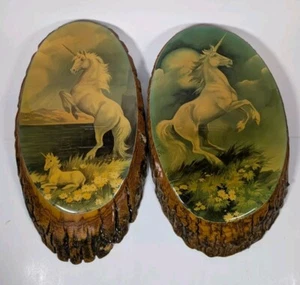 2 Set Vintage Live Edge Wood Slice Slab Picture Plaque UNICORN 18x12 - Picture 1 of 4