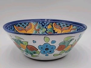 Mexican Hand Painted Redware Pottery Serving Bowl Floral Multi Color 9.25” - Picture 1 of 6