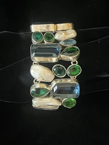 Stunning Blue Green Gemstone & Pearl 925 Silver Linked Bracelet - Picture 1 of 12