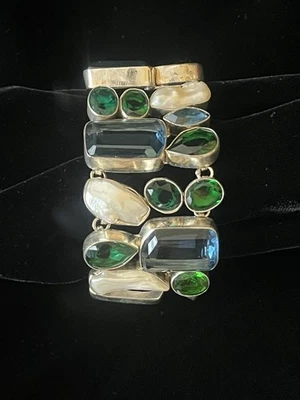 Stunning Blue Green Gemstone & Pearl 925 Silver Linked Bracelet - Image 1 of 4