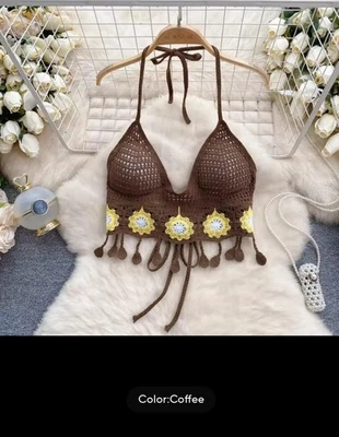 Bralette de ganchillo tejido para mujer - Top corto halter floral sin espalda, estilo boho Foto 1 de 4