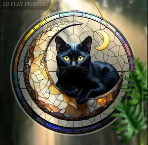 Black Cat suncatcher Moon window ornament ACRYLIC 2D 8 inch NEW FREE Shipping - Picture 1 of 1