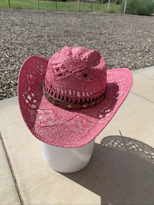 Bercrist Hot Pink Straw Cowboy Hat Size XL - Image 1 of 4