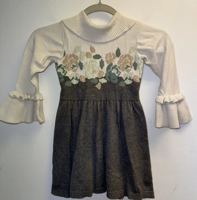 JANIE & JACK Cream & Sugar Floral Sweater Dress Gray Green Tan Knit Collared 5 - Image 1 of 4
