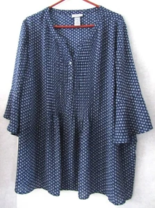 Catherines Top Womens 2X Navy Blue / White Tunic Blouse Bell Sleeves - Picture 1 of 6