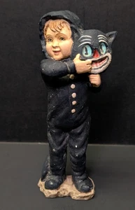 Bethany Lowe Designs Halloween Boy in a Cat Costume 7"H Holding a Cat Head Mask - Picture 1 of 6
