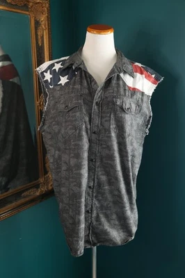 Cody James Shirt Mens Camo Gray USA Flag Snap Button Cutoff Sleeveless Western M - Image 1 of 4