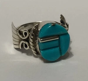 T Benally Navajo eingelegter türkisfarbener Ring aus Sterlingsilber - Bild 1 von 16