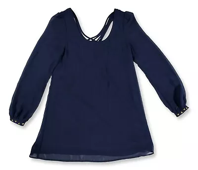 Double Zero Dress Womens Small Sheer Long Sleeve Unique Back Navy Blue - Image 1 of 4