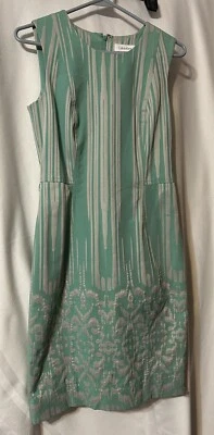 Vintage Calvin Klein Sheath Dress Green Tan Striped Lined size 2 - Image 1 of 4